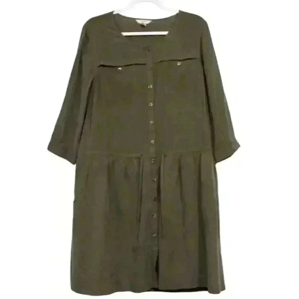 Lands End Dress Size Medium 100% Silk Olive Green 3/4 Sleeve Tie Waist Boho